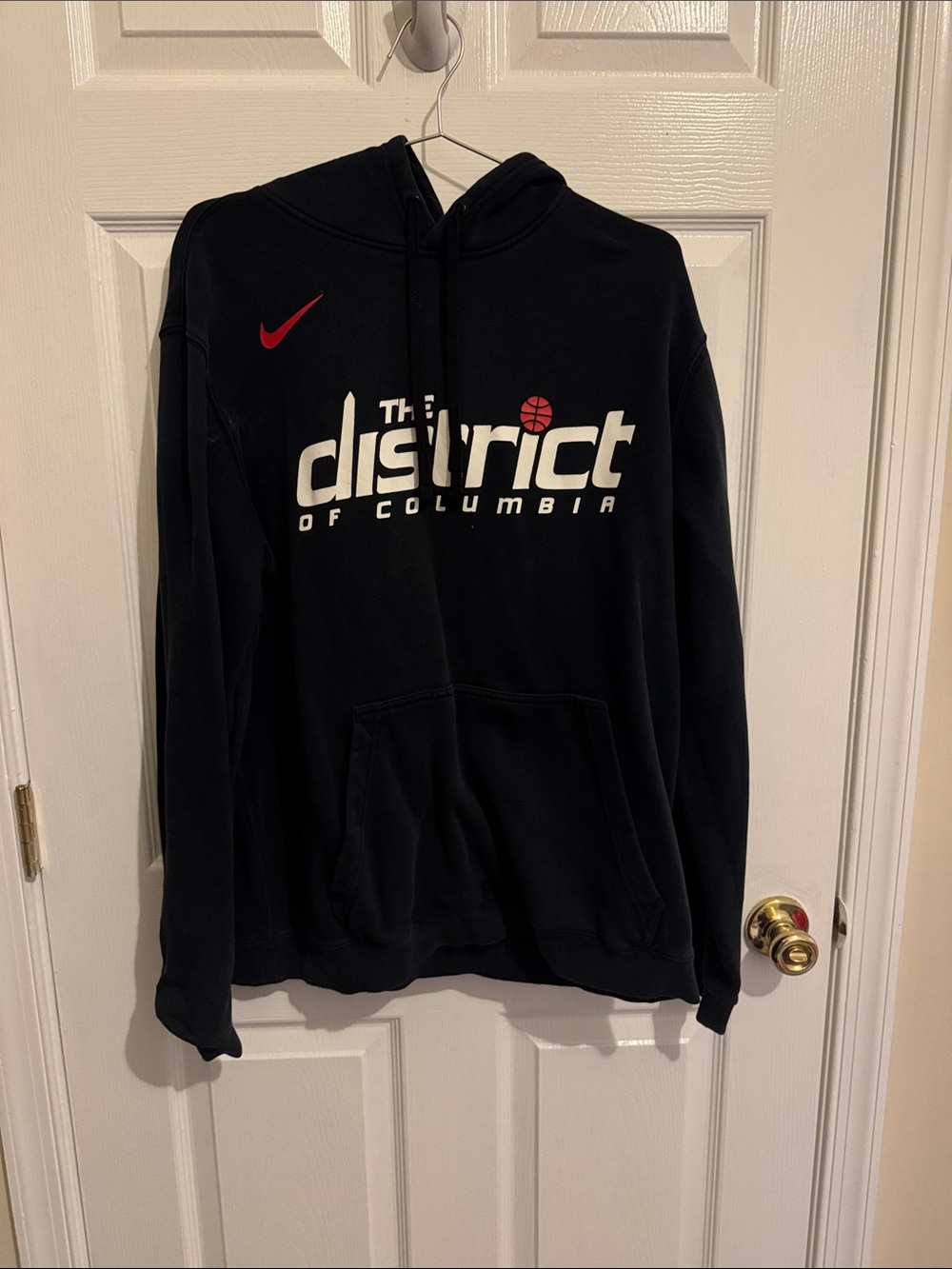 Nike Black Hoodie with Red Swoosh and White District Graphic
